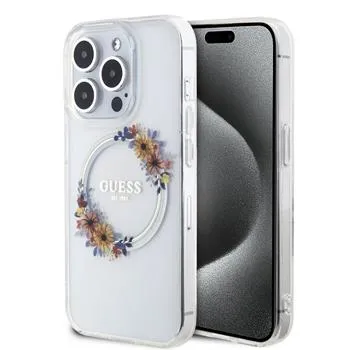 Guess PC/TPU Flowers Ring Glossy Logo MagSafe Zadný Kryt pre iPhone 14 Pre Transparent