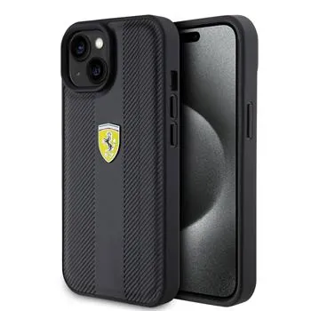 Ferrari PU Leather Hot Stamp Groove Pattern Zadný Kryt pre iPhone 15 Black