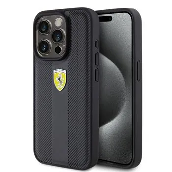 Ferrari PU Leather Hot Stamp Groove Pattern Zadný Kryt pre iPhone 15 Pro Black