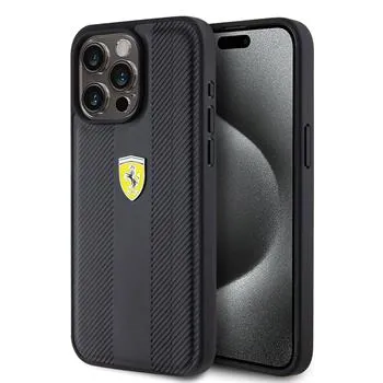 Ferrari PU Leather Hot Stamp Groove Pattern Zadný Kryt pre iPhone 15 Pro Max Black