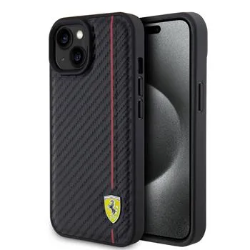 Ferrari PU Leather Carbon Vertical Red Line Zadný Kryt pre iPhone 15 Black