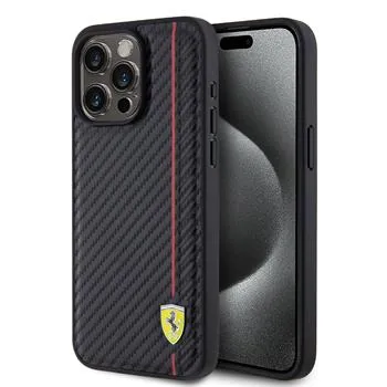 Ferrari PU Leather Carbon Vertical Red Line Zadný Kryt pre iPhone 15 Pro Max Black