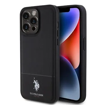 US Polo PU Leather Mesh Pattern Double Horse Zadný Kryt pre iPhone 15 Pre Black