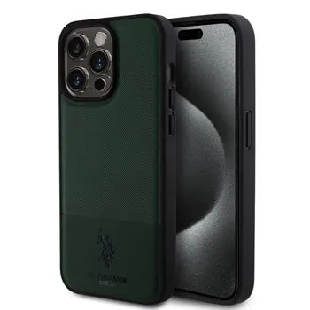 US Polo PU Leather Mesh Pattern Double Horse Zadný Kryt pre iPhone 15 Pre Max Green