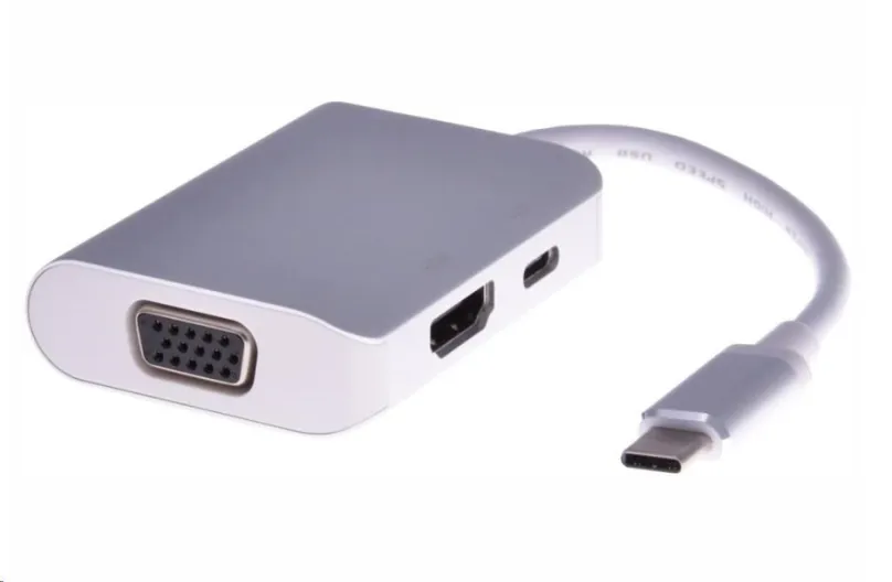 PremiumCord Prevodník USB3.1 typ C na HDMI + VGA + PD charge, Aluminium púzdro